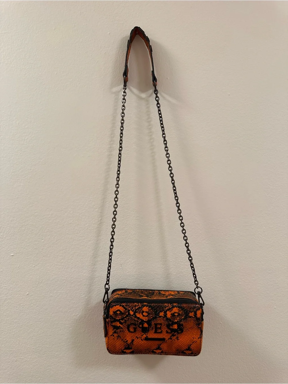 GUESS Orange and Black Snake-Print Crossbody Bag